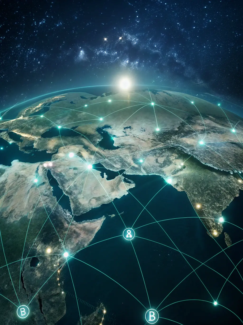 A visual representation of global accessibility, showing a world map with Bitcoin symbols connecting various locations to a central cloud.