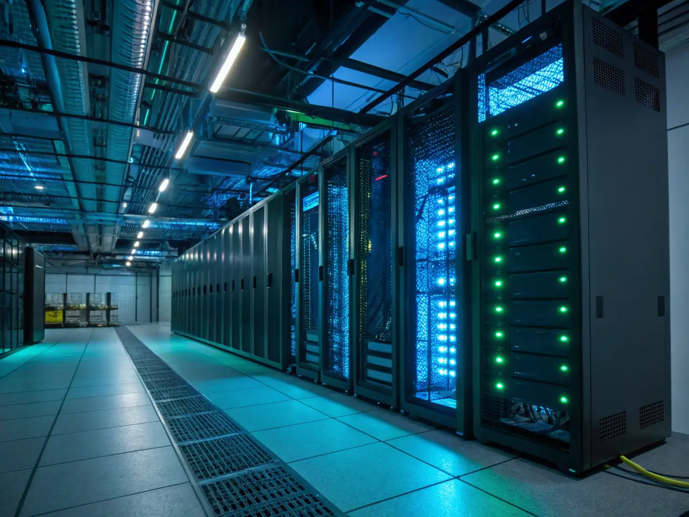 A brightly lit, modern data center filled with rows of computer servers, emphasizing the advanced technology and infrastructure behind Cloud Mining's platform.